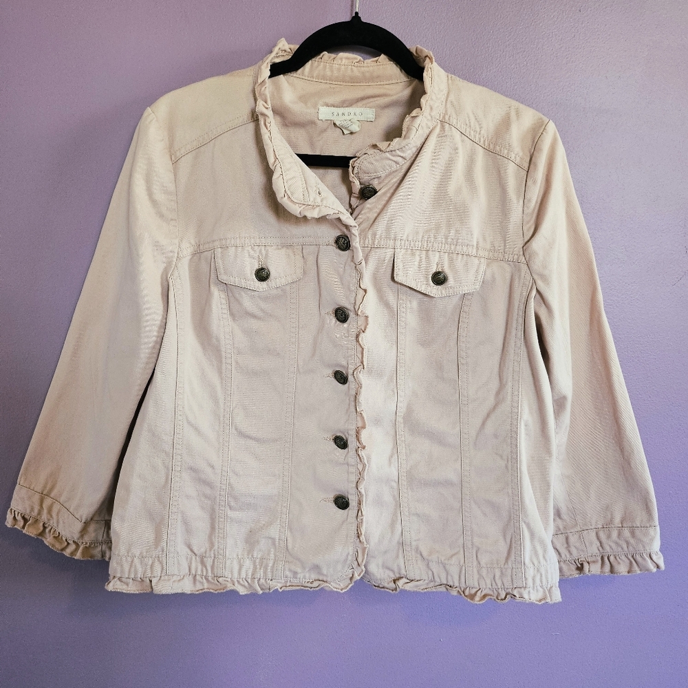 Sandro Pale Pink 100% Cotton Denim Ruffle Trim 3/4 Sleeve Buttoned Jacket